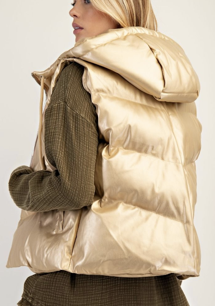 Metallic Gold Faux Leather Puffer Vest