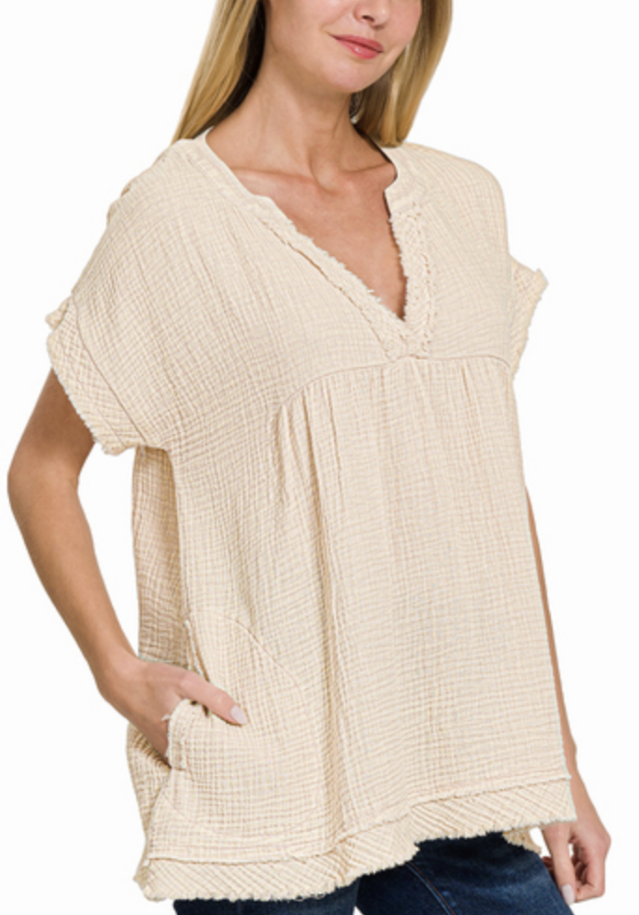 Sand beige Gauze Elastic Tie Waist Shorts