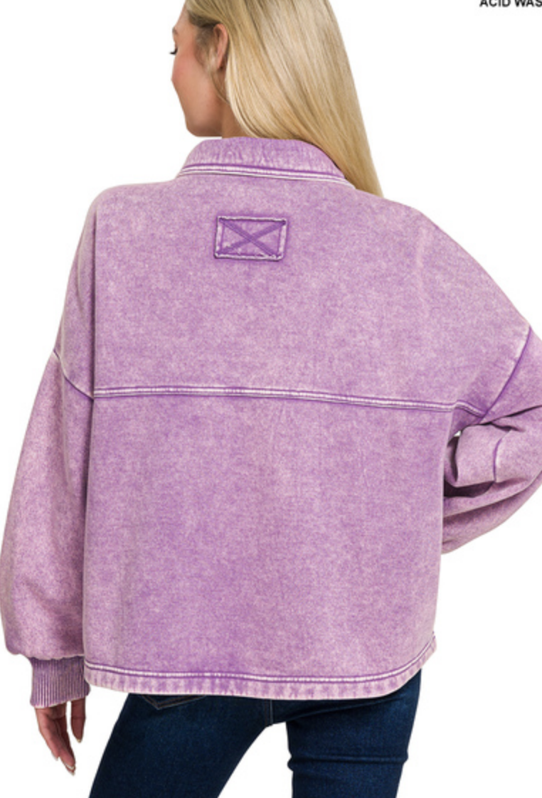 Acid washed light fleece button front jacket / 2 colors