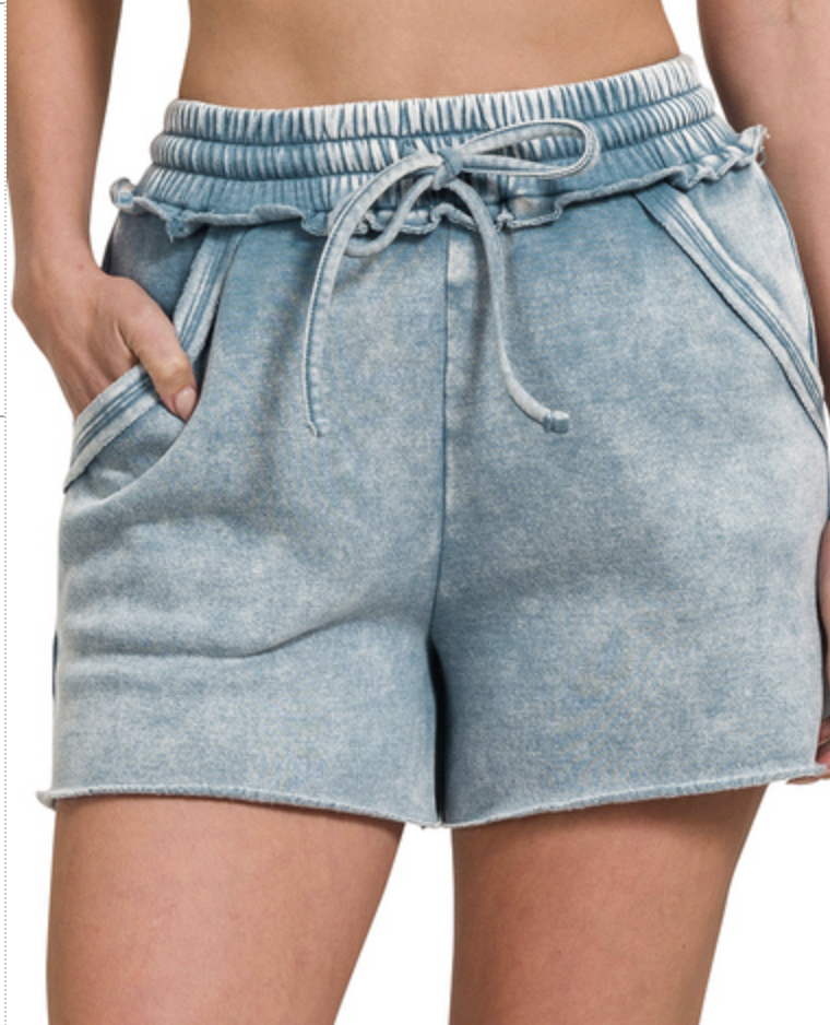 Acid washed fleece drawstring shorts