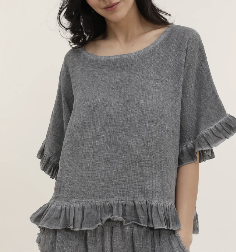 Italian Linen Ruffle Detail Short Sleeve top / 7 colors