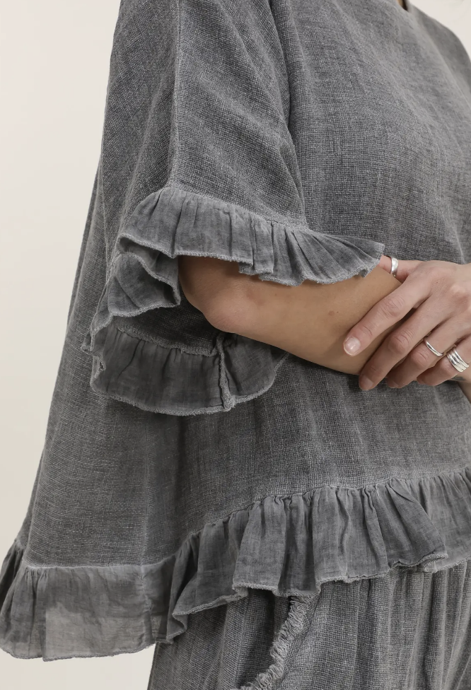 Italian Linen Ruffle Detail Short Sleeve top / 7 colors