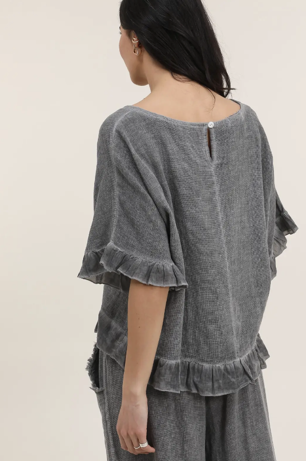 Italian Linen Ruffle Detail Short Sleeve top / 7 colors