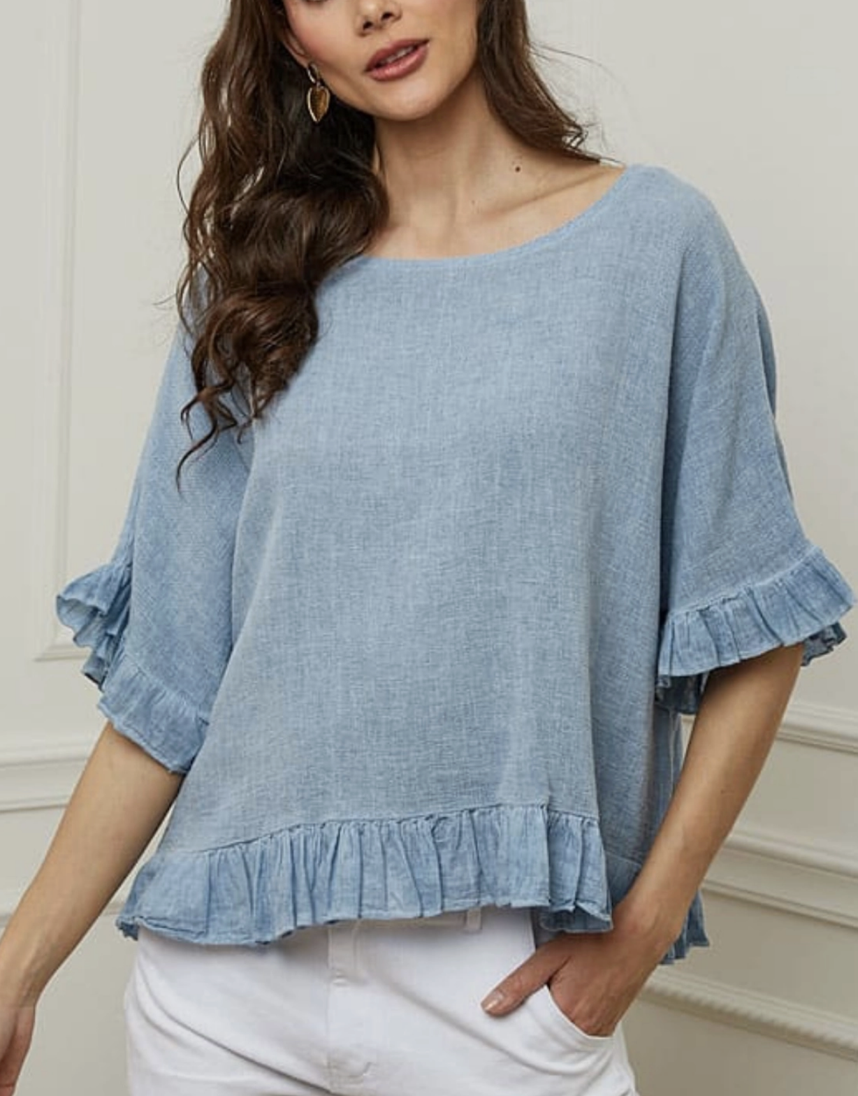 Italian Linen Ruffle Detail Short Sleeve top / 7 colors