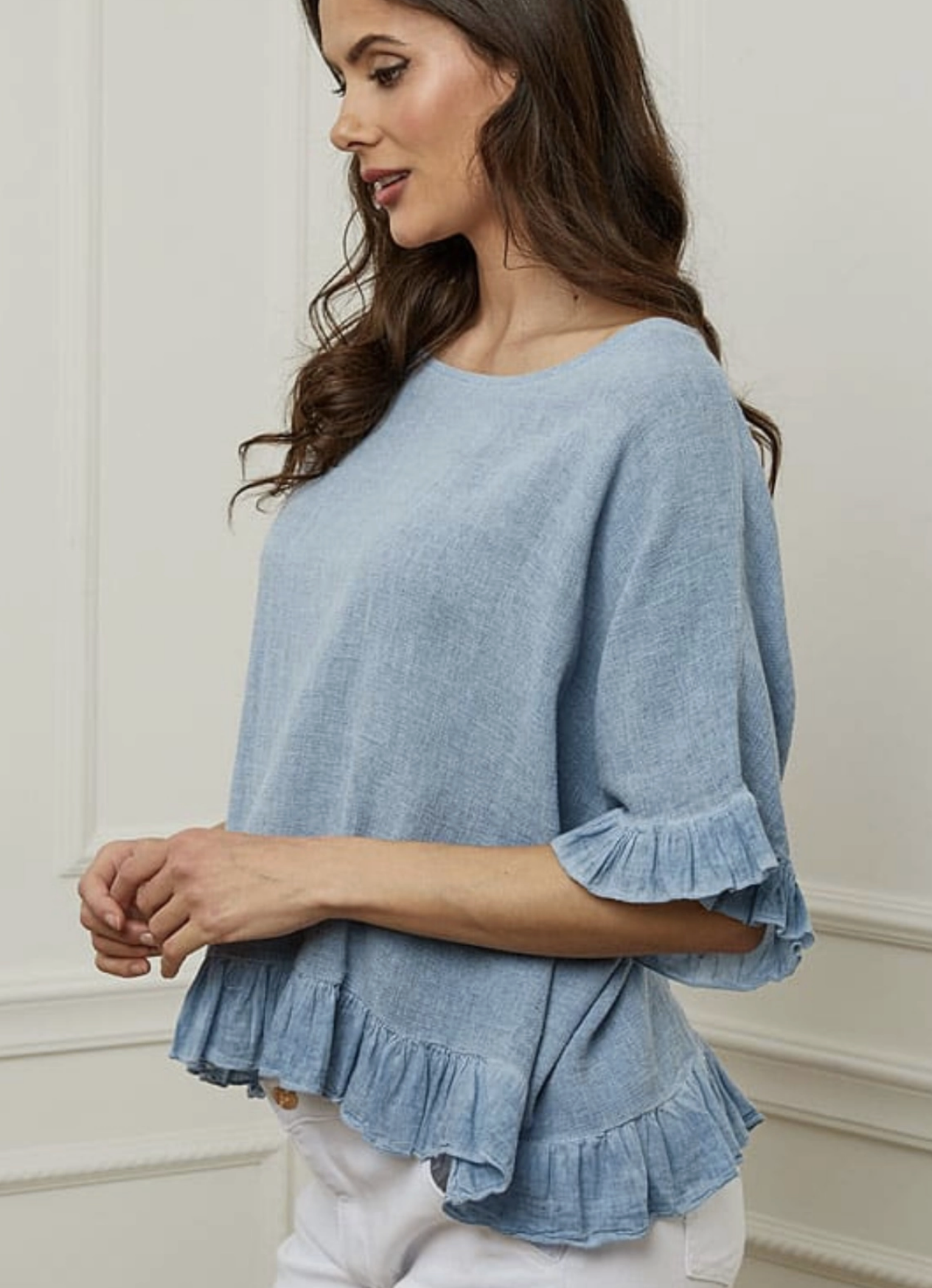 Italian Linen Ruffle Detail Short Sleeve top / 7 colors