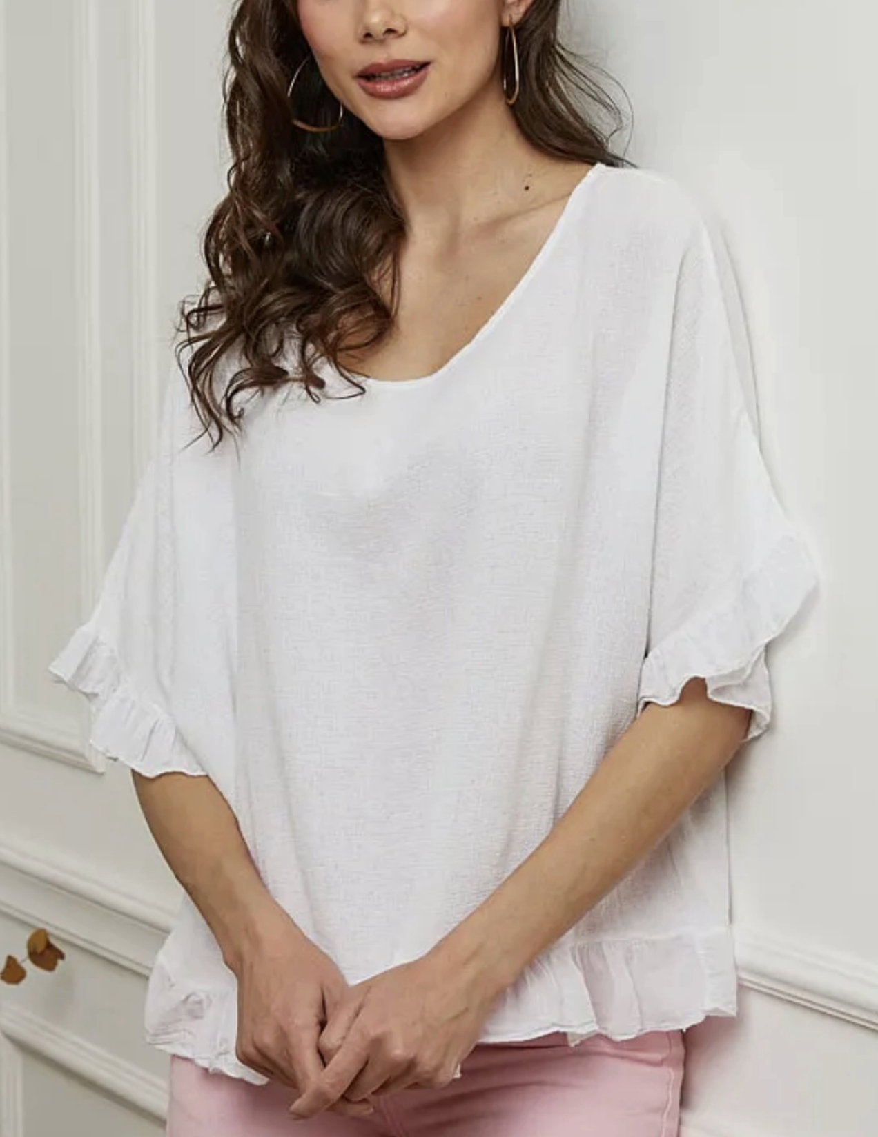 Italian Linen Ruffle Detail Short Sleeve top / 7 colors