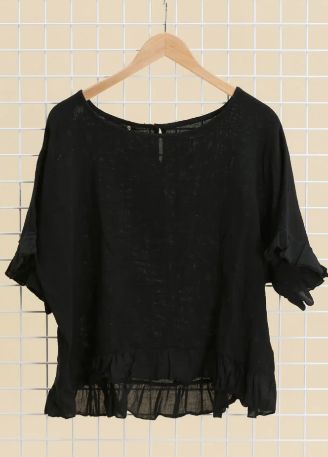 Italian Linen Ruffle Detail Short Sleeve top / 7 colors