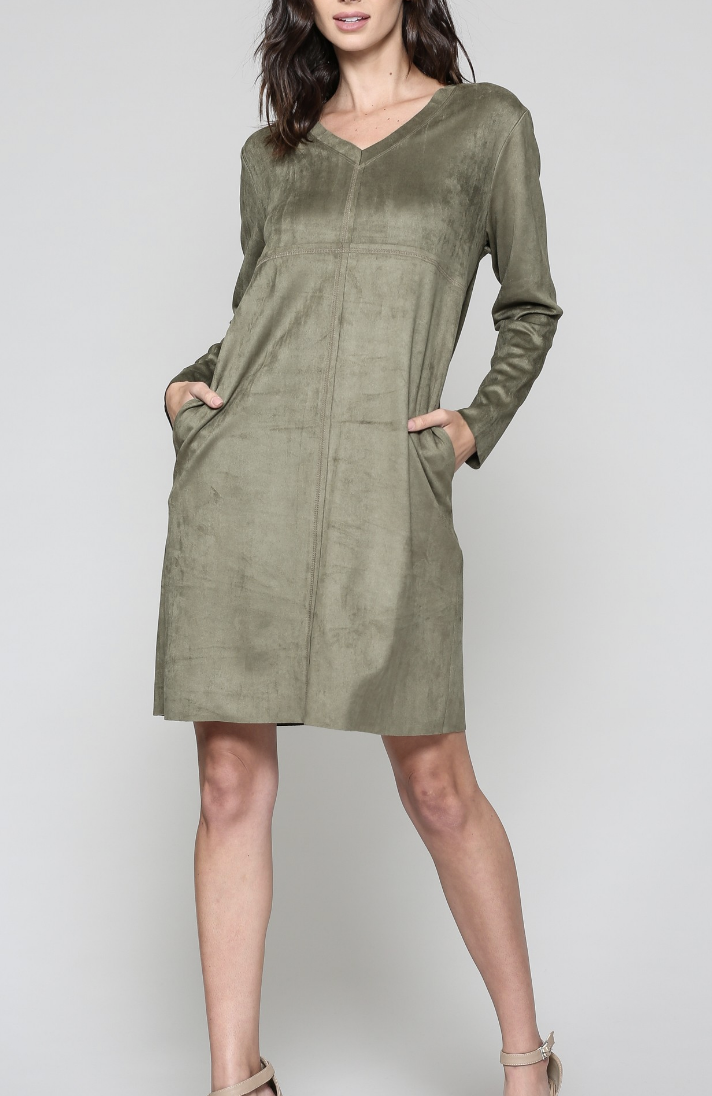 Aurora Suede Long Sleeve V NECK Dress NO POCKETS /6 colors