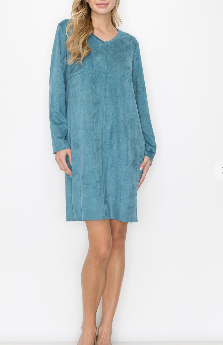 Aurora Suede Long Sleeve V NECK Dress NO POCKETS /6 colors