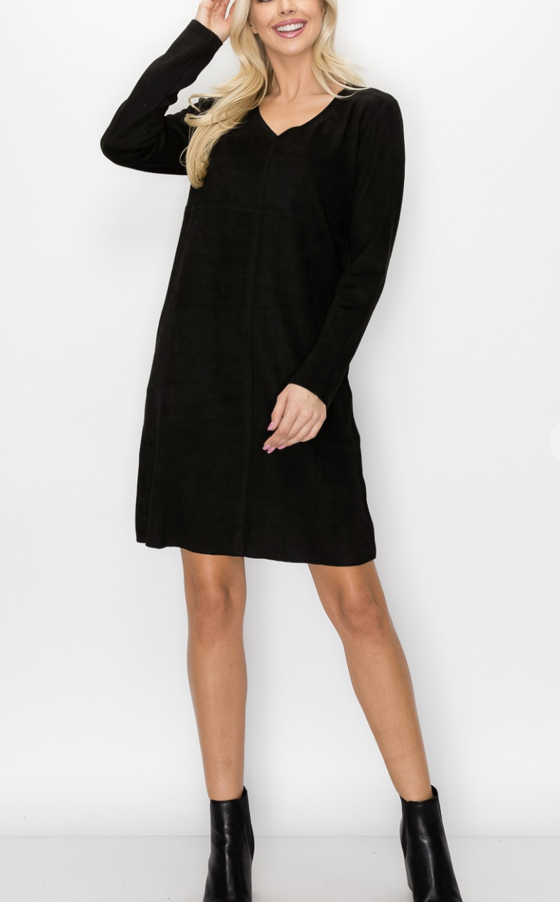 Aurora Suede Long Sleeve V NECK Dress NO POCKETS /6 colors