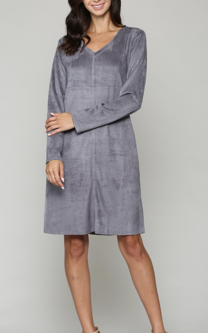 Aurora Suede Long Sleeve V NECK Dress NO POCKETS /6 colors