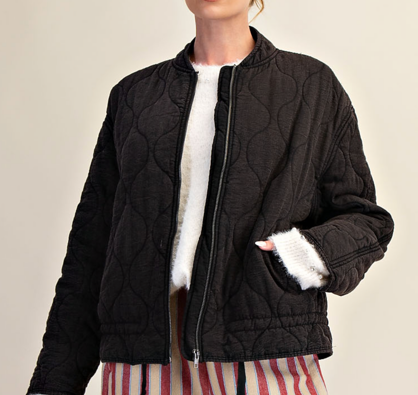 Black Quilted Bomber Jacket
