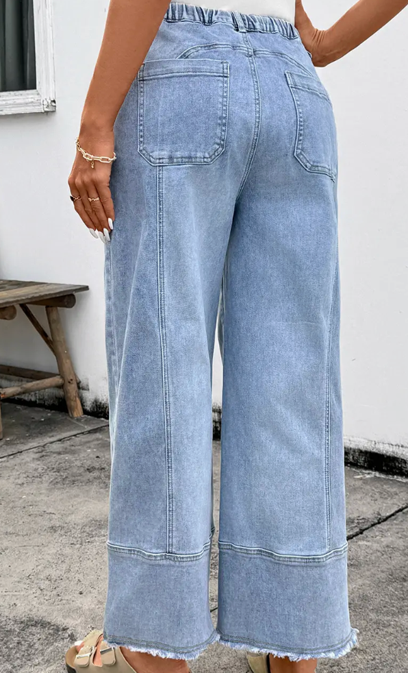 Light Denim Raw Hem Wide Leg Drawstring Jeans