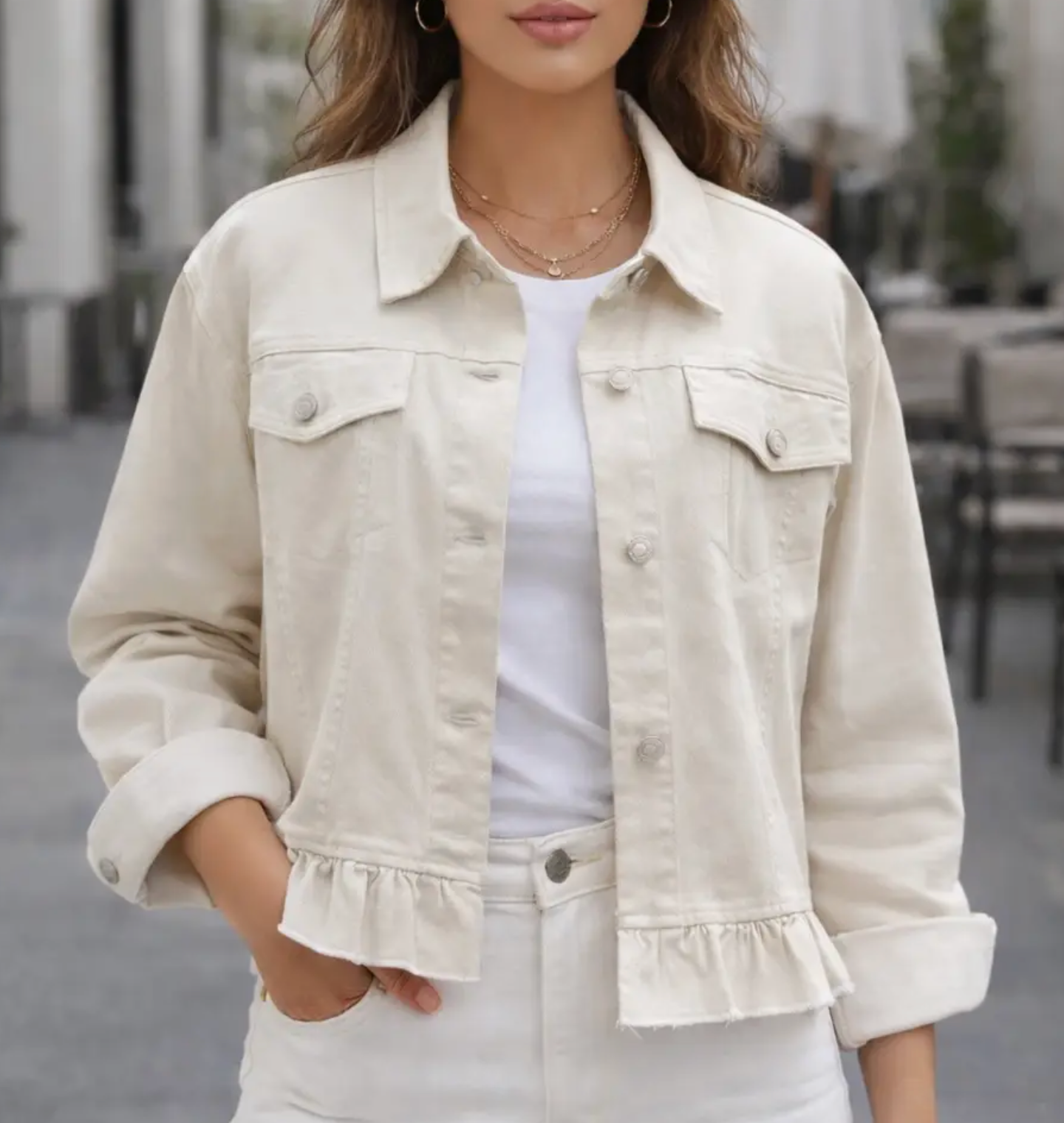 Boyfriend Peplum Hem Denim Jacket Light Sand