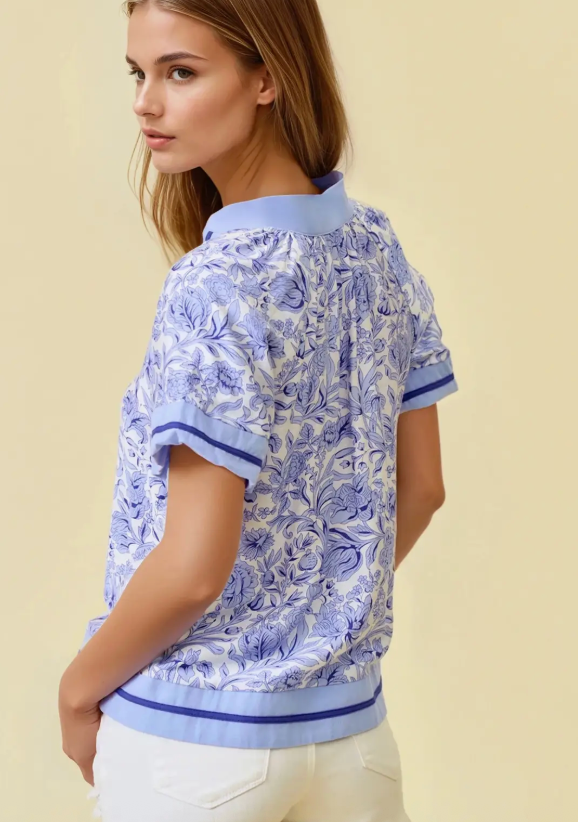 Blue Floral Printed Ruffle Tiered Top