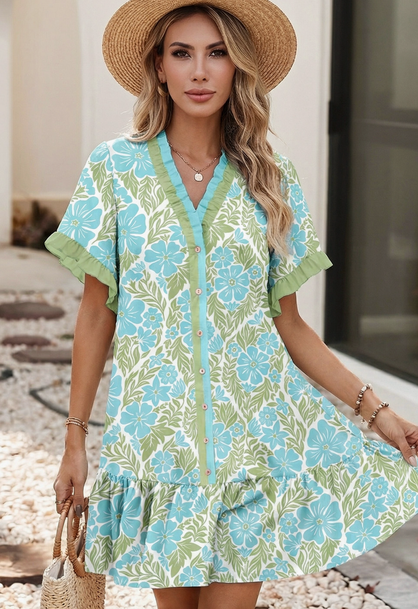 Botanical Floral Print Frilled Trim V Neck Button Front Dress
