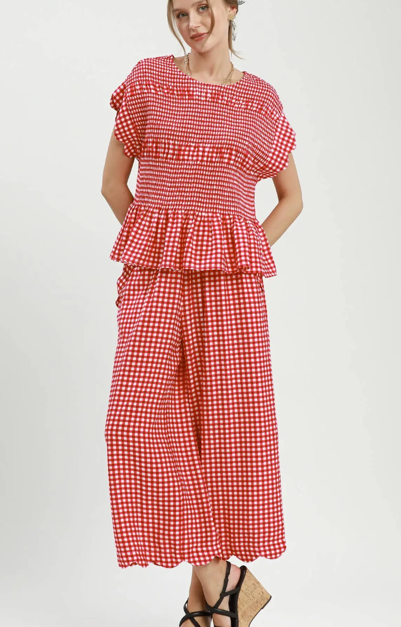Gingham Smocked Ruffle Hem Top / 2 colors
