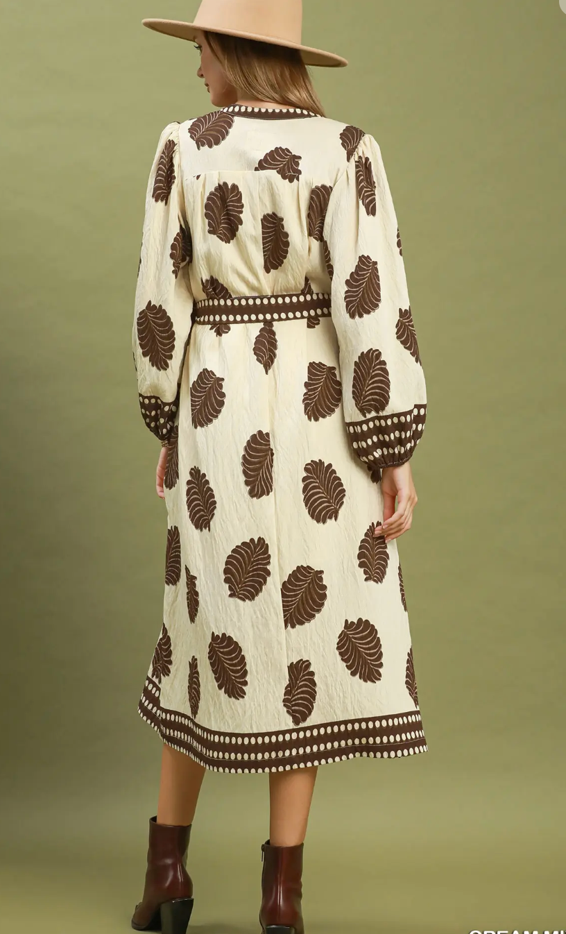 Umgee Mix Leaf Print Belted Midi Dress