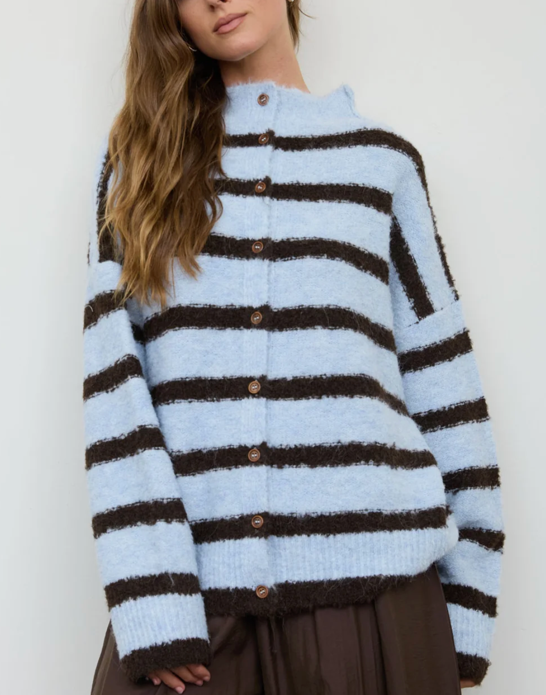 Stripe Mockneck Fuzzy Button Front Cardigan