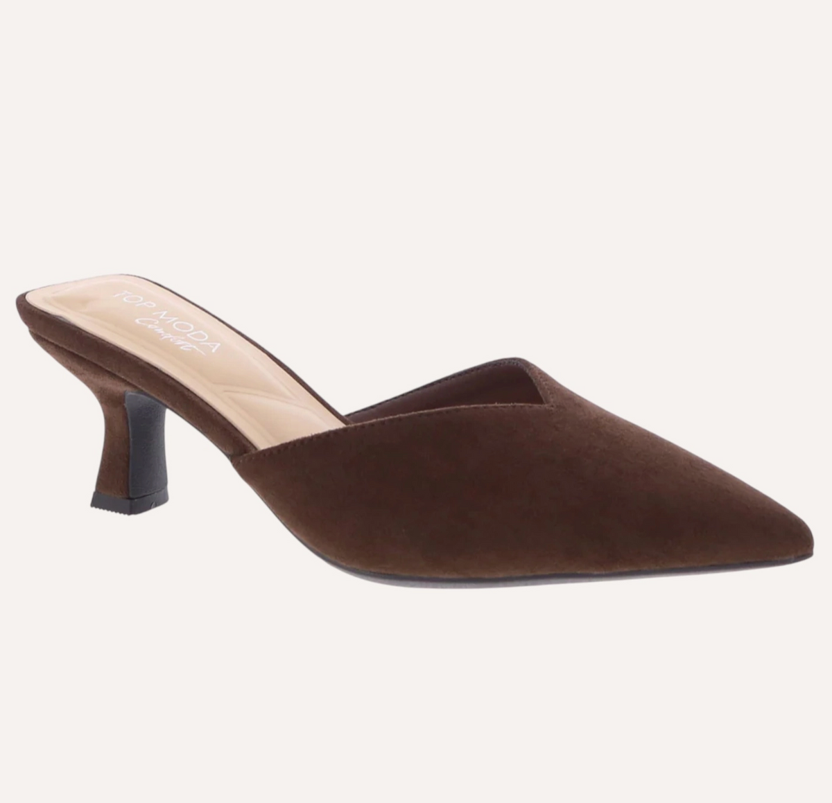 Brown Faux Suede Pointed-Toe Kitten Heel Mules