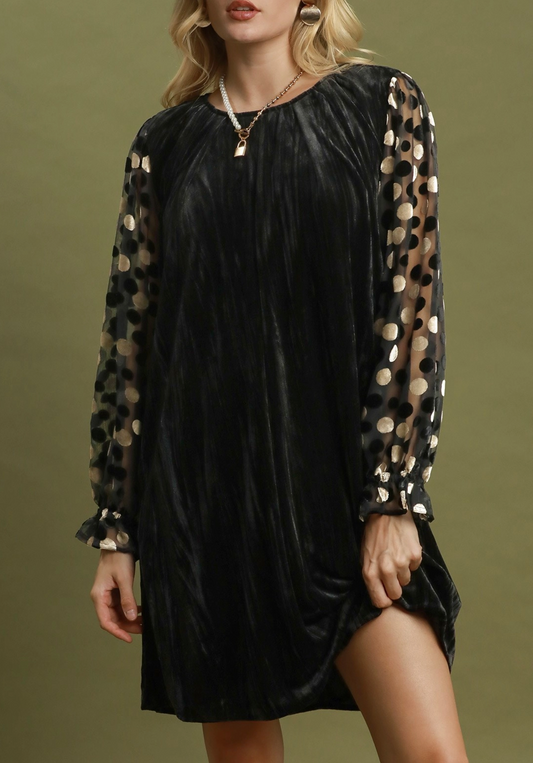 Umgee Velvet Polka Dot Sheer Sleeve Dress