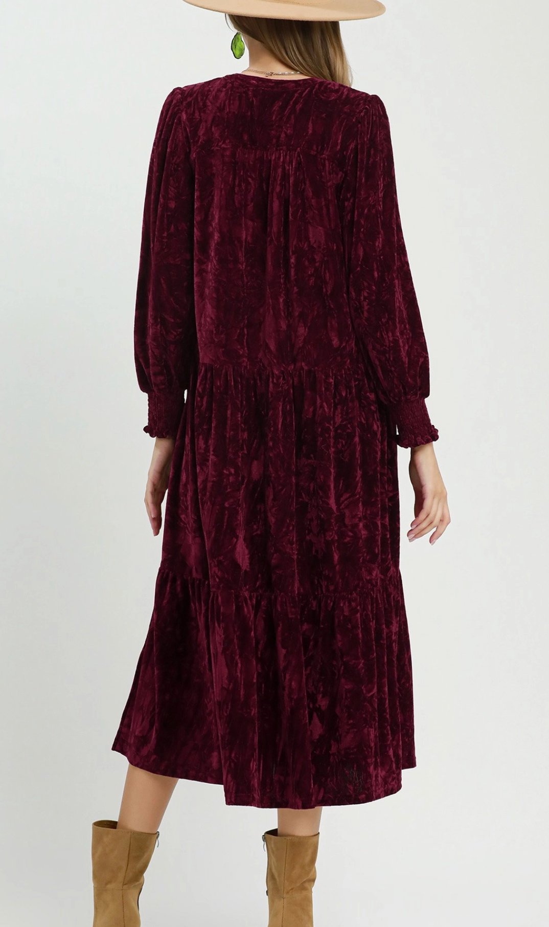 Umgee Burgundy Velvet Tiered Midi Dress