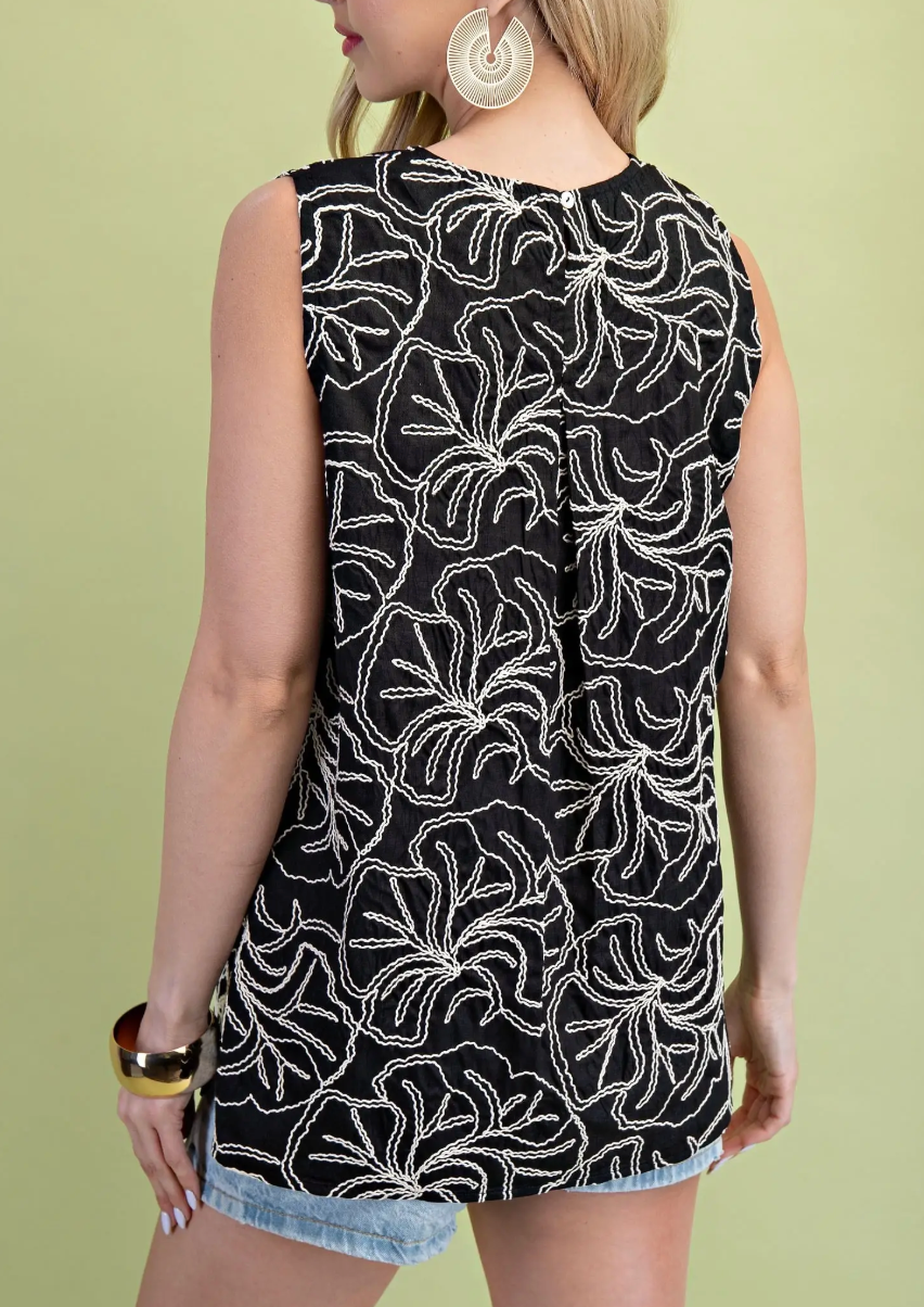 Embroidered Sleeveless Round Neck Top-2 colors