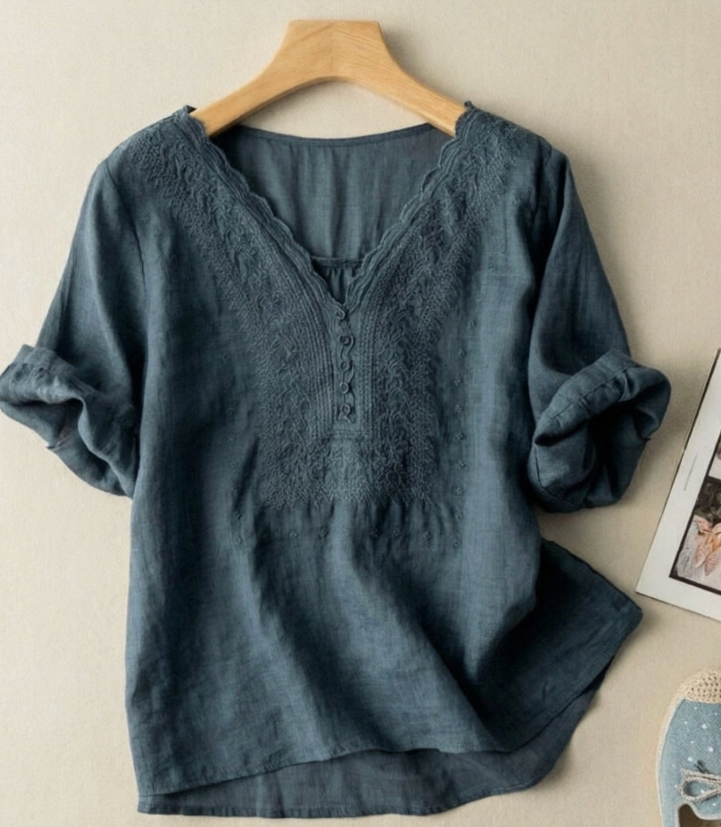 Navy Embroidered Linen Blend V-Neck Blouse