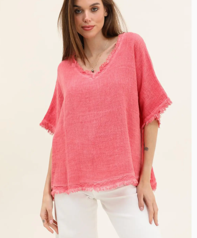Italian Linen V Neck Fringe Short Sleeve top / 7 colors