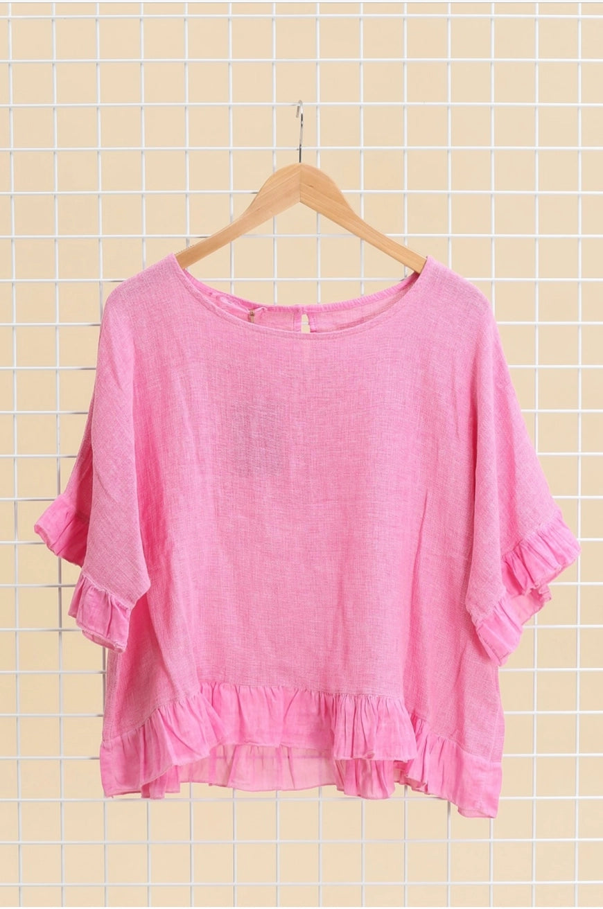 Italian Linen Ruffle Detail Short Sleeve top