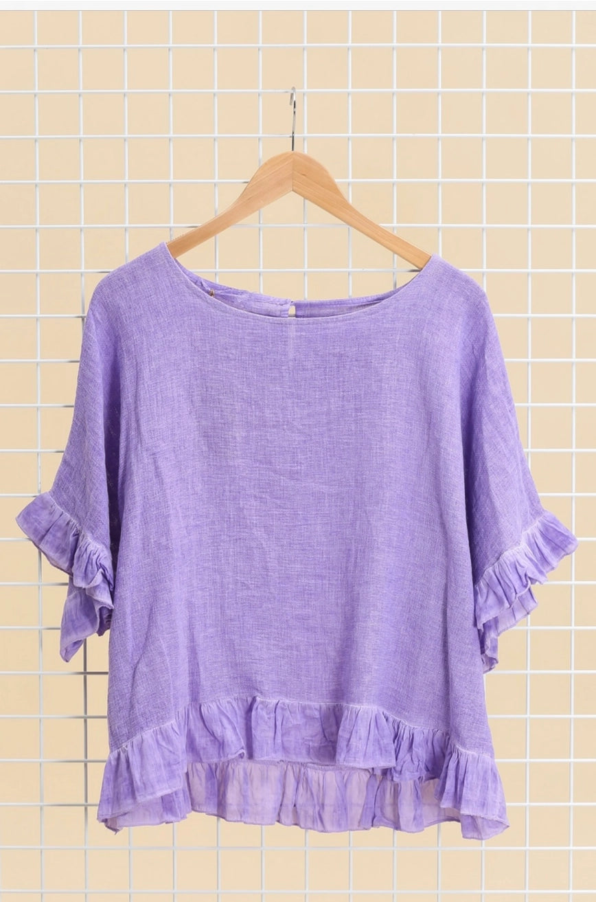 Italian Linen Ruffle Detail Short Sleeve top