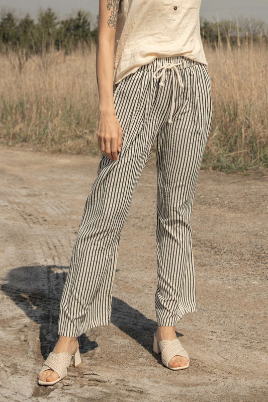 Elastic Waist Tie Stripe Wide Fit Pants