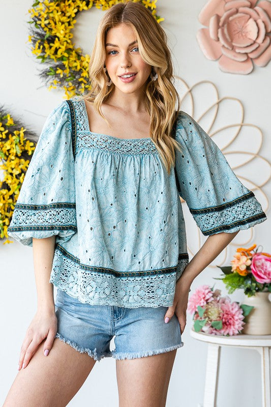 Washed Eyelet Lace Babydoll Top
