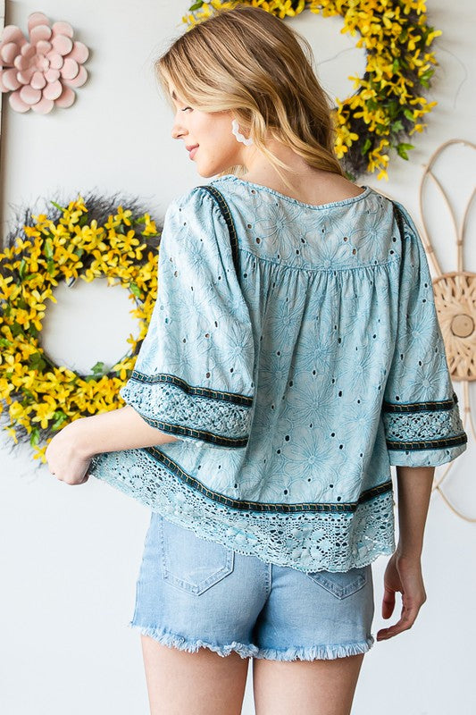 Washed Eyelet Lace Babydoll Top