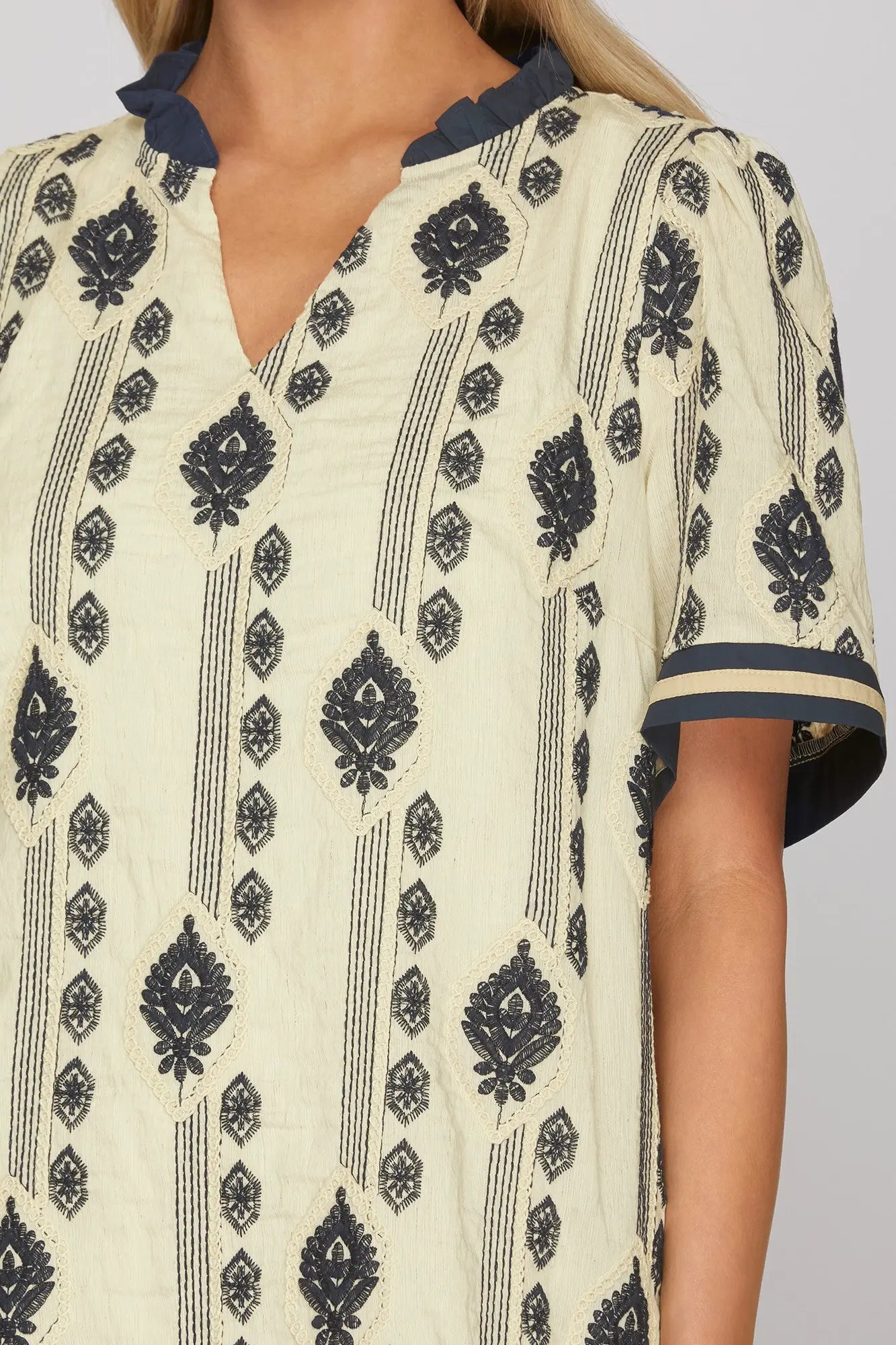 Navy Short Sleeved Woven Embroidered Dress
