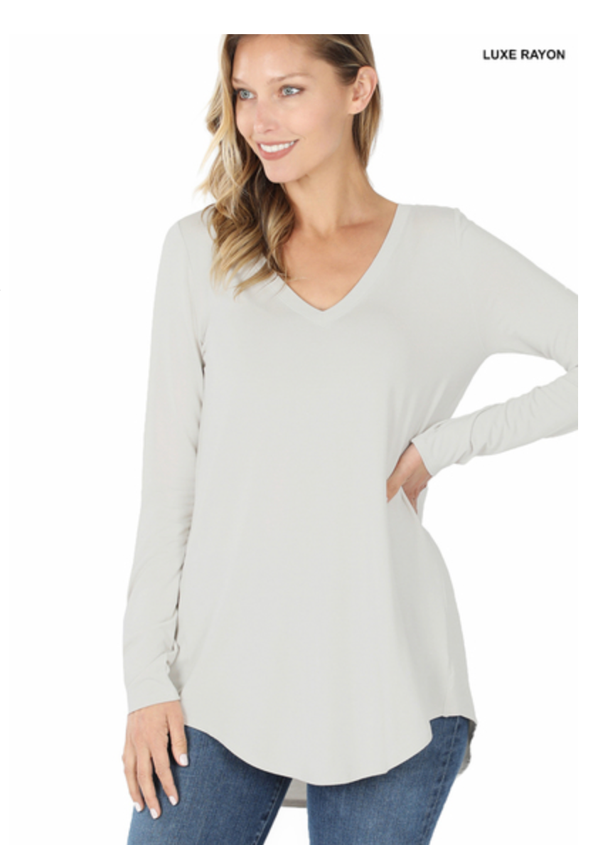 Black Long sleeve V neck modal dolphin hem top