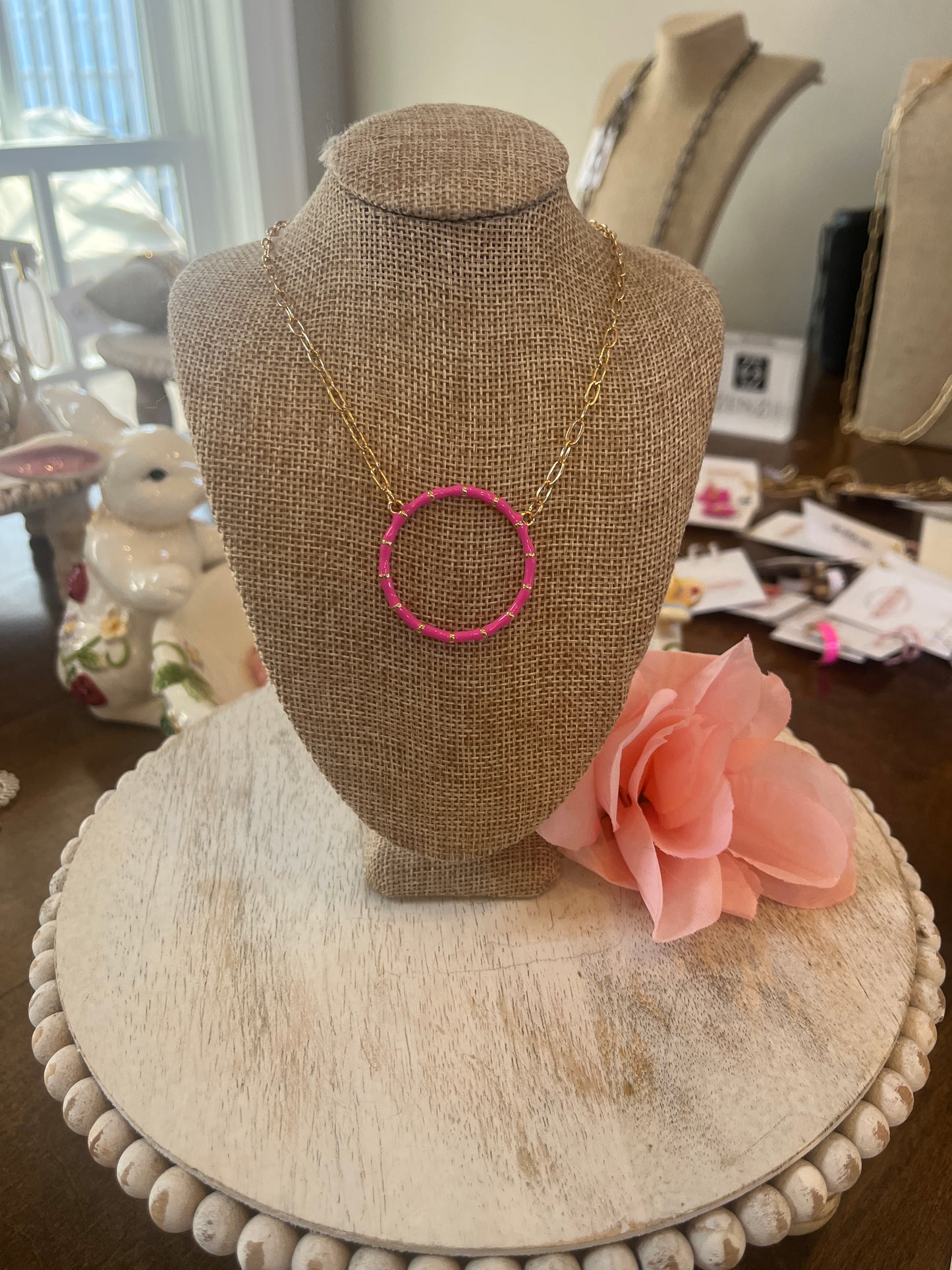 Hot Pink Bamboo Circle Necklace