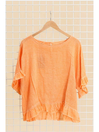 Italian Linen Ruffle Detail Short Sleeve top