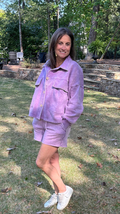 Acid washed light fleece button front jacket / 2 colors