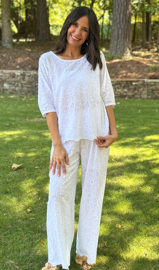 White Eyelet Scalloped Hem Pants