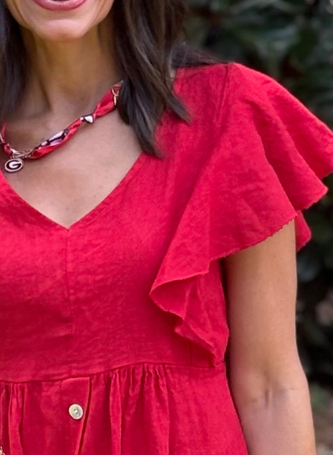 Gameday Red Short Sleeve Linen Dress