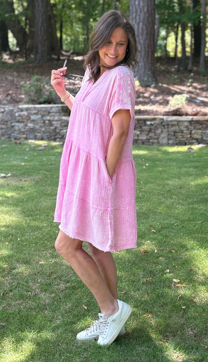 Washed Gauze Cotton V Neck Short Sleeve Dress / 2 colors