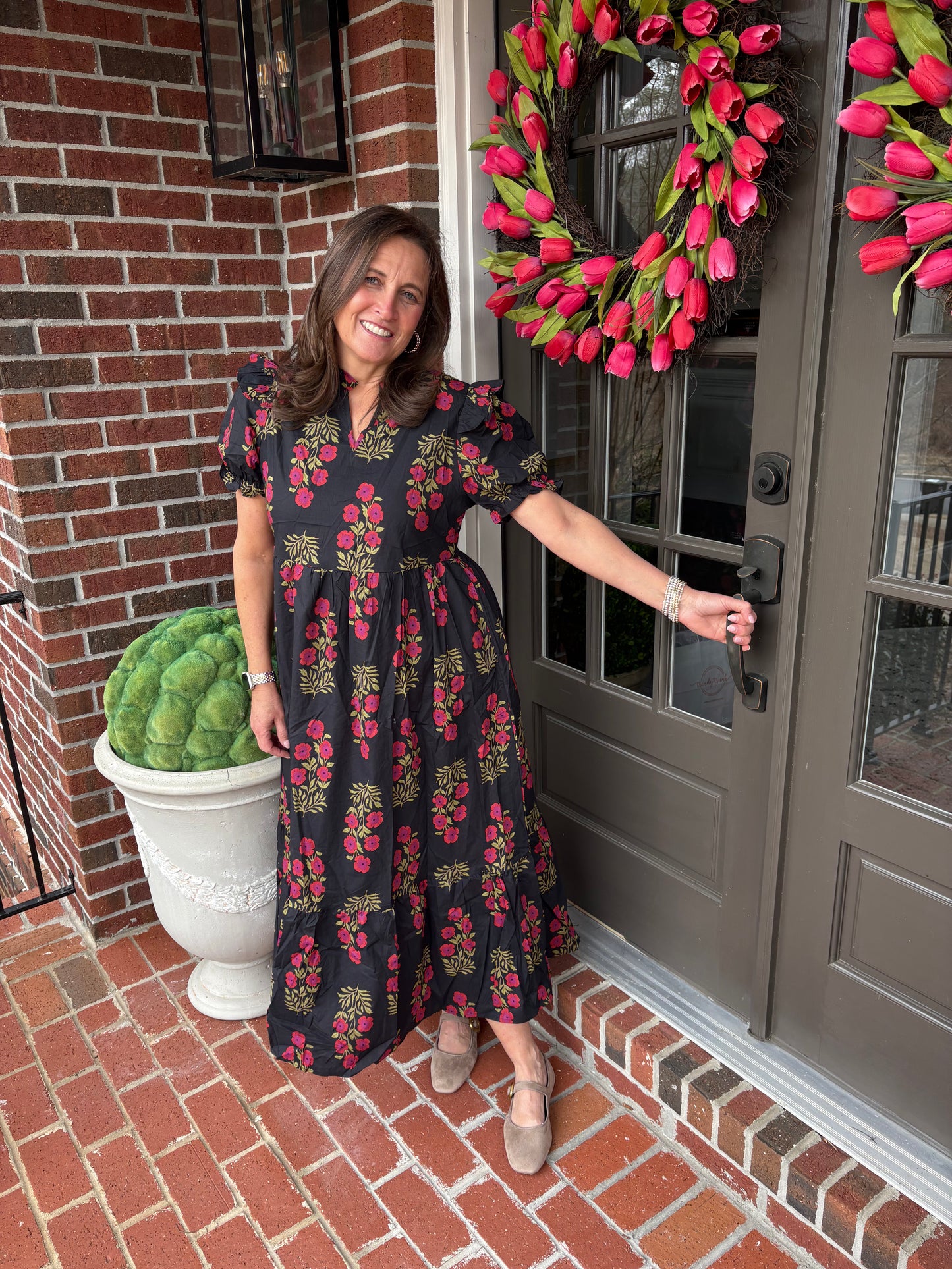 Bold Floral Bubble Short Sleeve Maxi Dress
