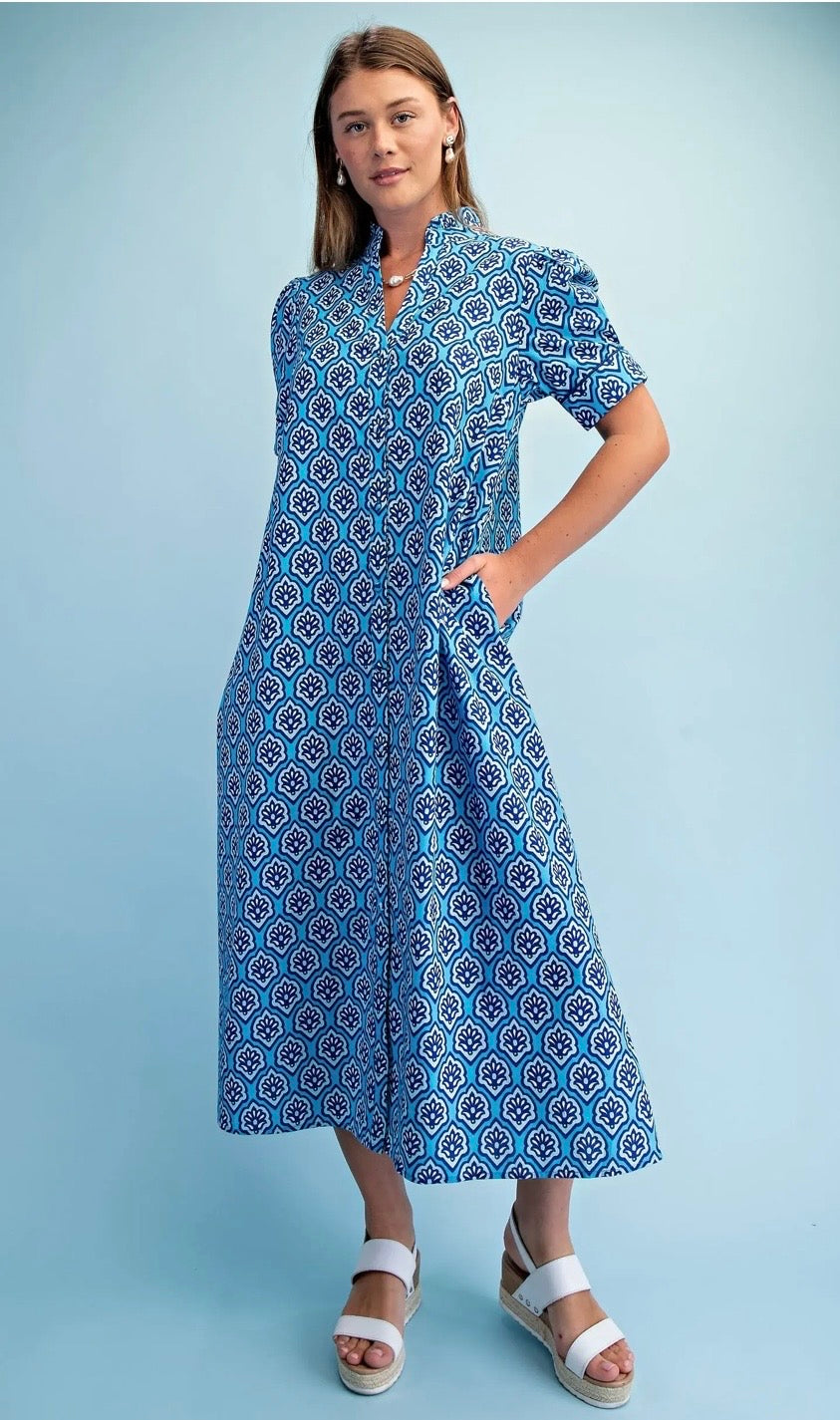 Sapphire Mosaic Cotton Midi Dress