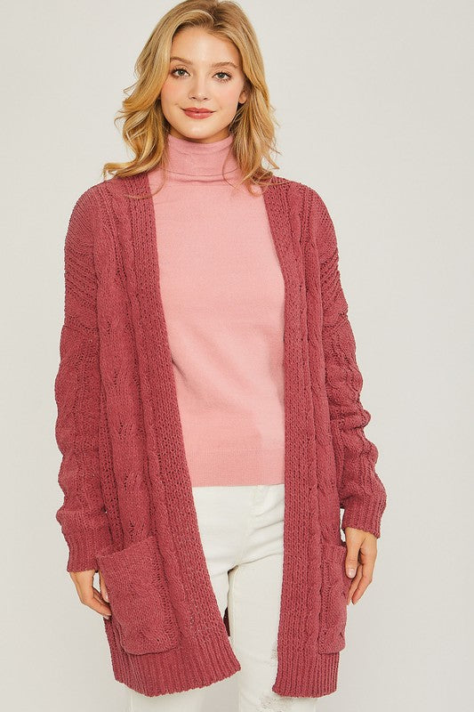 Chenille Cable Knit Open Front Cardigan