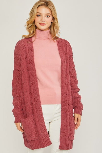 Chenille Cable Knit Open Front Cardigan