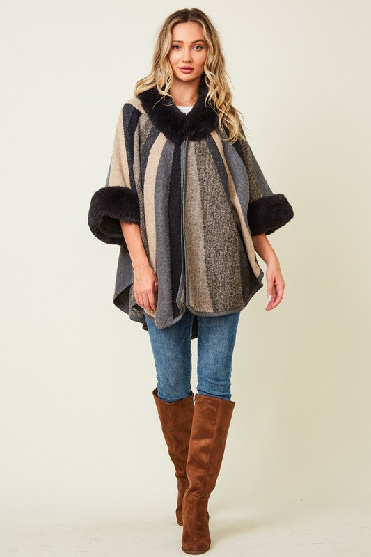 Multi Color Stripe Fur Accent Poncho Sweater