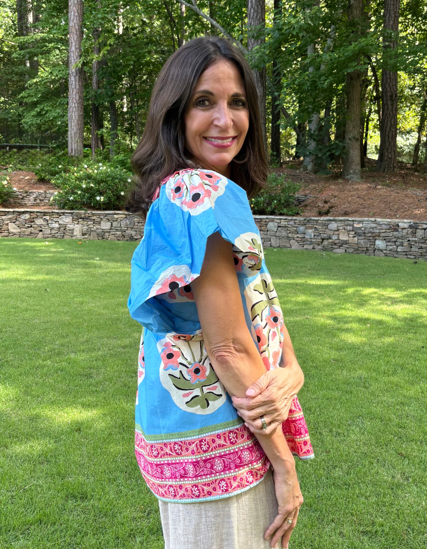 BLUE Floral Border Embroidered Blouse