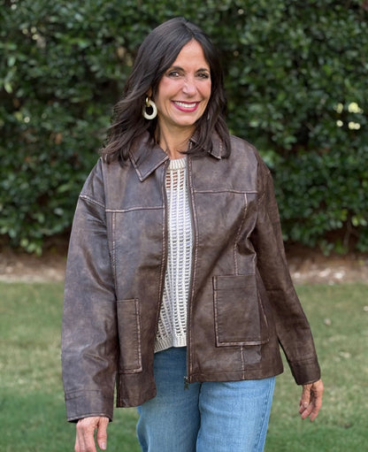 Washed Faux Leather Collared Jacket