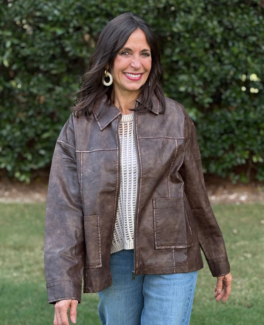 Washed Faux Leather Collared Jacket